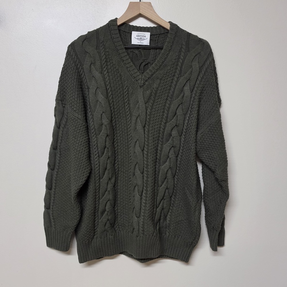 Aritzia Heritage Knit‎ Merino Wool V-Neck Chunky Cable Knit Sweater Green Sz M